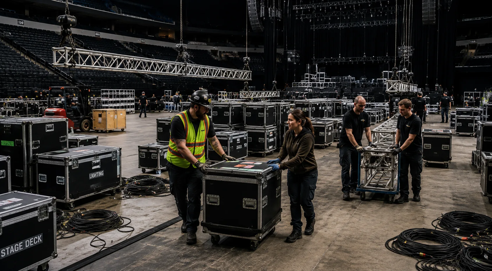 Live-event crew preparing truss, cable, and road cases during an arena load-in.