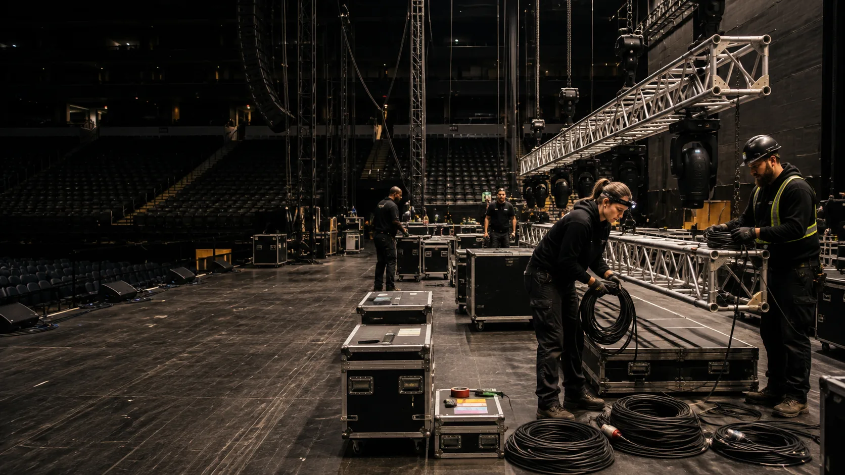 Live-event crew working on a large-scale arena production setup.