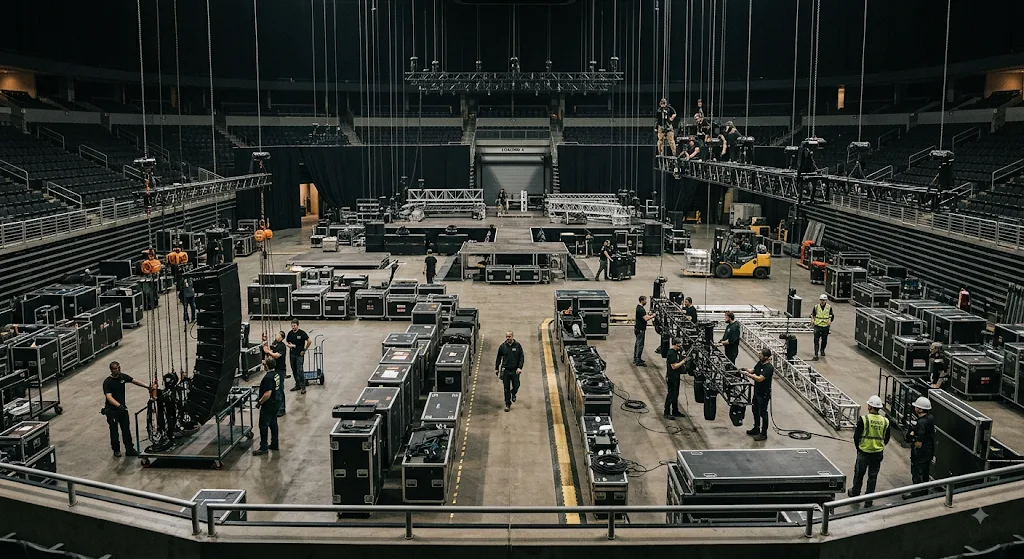 Production crew managing systems during load-in